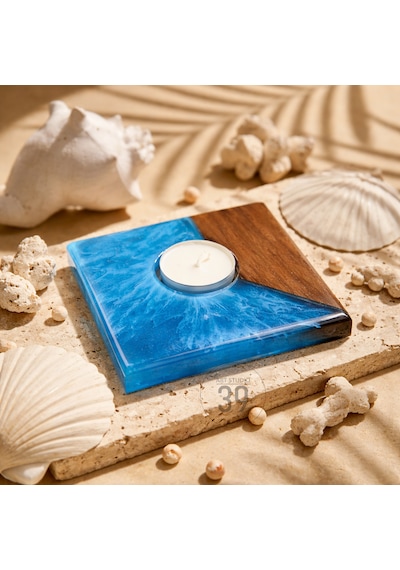 Classic Ceviz & Epoksi Mumluk El Yapımı Tealight Mumluk 12x12 Cm Tasarım Dekoratif Mumluk Açık Mavi