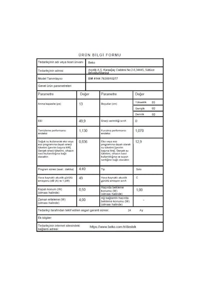 Beko BM 4144 4 Programlı 13 Kişilik Bulaşık Makinesi