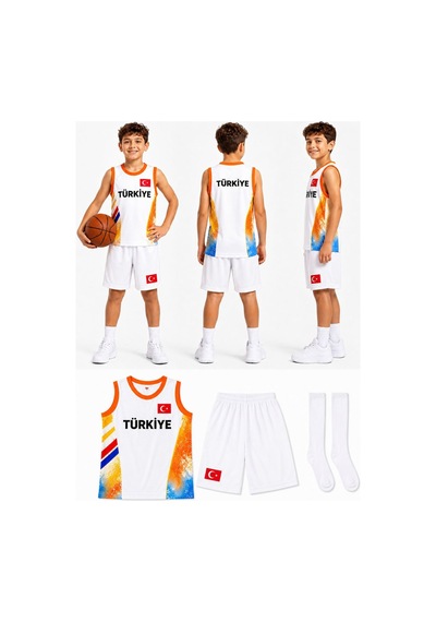Sonvadi Çocuk Basketbol Forması Türkiye Armalı Beyaz 3 Parça Çorap Beyaz