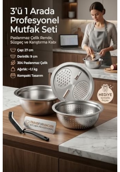 3'ü 1 Arada Profesyonel Mutfak Seti - Paslanmaz Çelik Rende, Süzgeç Ve Karıştırma Kabı 27 Cm 723296 Diğer