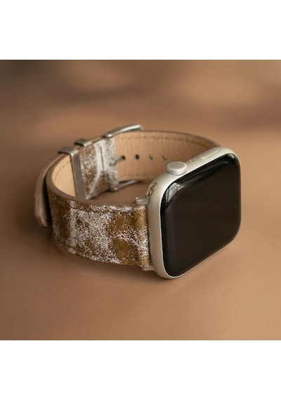 Goldoni Apple Watch Uyumlu Antik Bej İnce Gerçek Deri Kordonu Metal Köprülü
