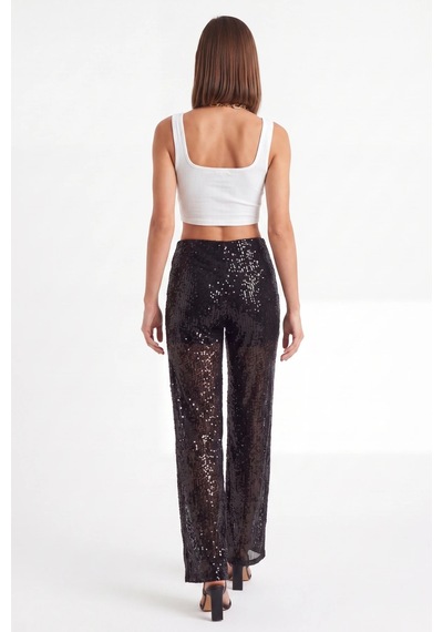 CEMO Siyah Pullu Şeffaf Detaylı Wide Leg Pantolon