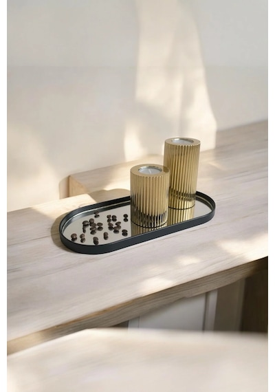 Ucr Home Oval Aynalı Sunumluk İkramlık Kahve Ve Çay 12x30 Cm Siyah