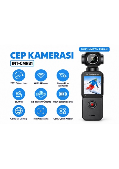 5k Cep Kamerası 3.5x Zoom 270 Derece Dönebilen Lens Eıs Titreşim Önleme Wifi Bağlantısı 5k Uhd Video Kaydı 75mp Fotoğraf Çekimi Dokunmatik Ekran Hızlı Odaklanma Çoklu Dil Desteği Aksiyon Kamerası