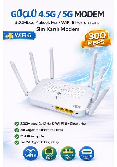 4g Sim Kartlı Modem - 2.4ghz - Wıfı6 Bağlantı - 300mpbs - 4xgigabit Port - 6xgüçlü Anten