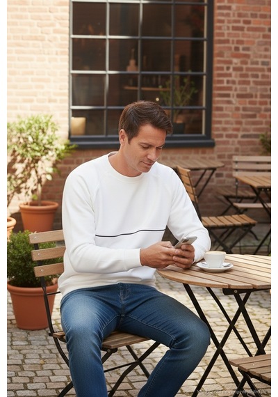 Buratti Pamuklu Şerit Detaylı Relaxed Fit Bisiklet Yaka Erkek Sweat 5901227 Ekru