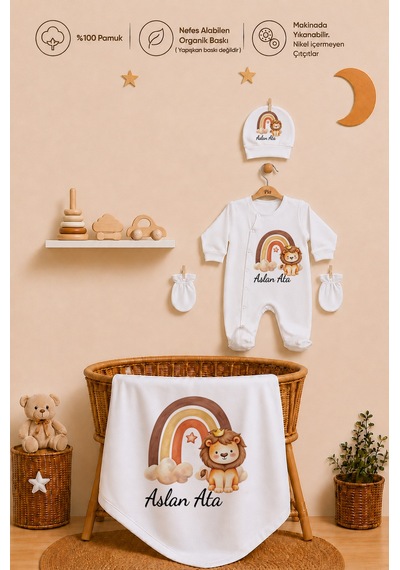 Pia Baby İsme Özel Erkek Bebek 4 Parça Tulum Seti %100 Pamuk Organik Baskılı Battaniyeli 2014bt3x Krem