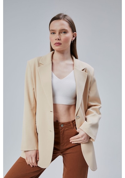 Kadın Oversize Düz Kesim Astarlı Dokuma Blazer Ceket Vizon