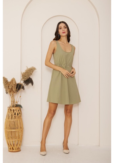 Darlin Moda Yeşil Beli Büzgülü Kolsuz Mini Paraşüt Elbise Dm1028 Yeşil
