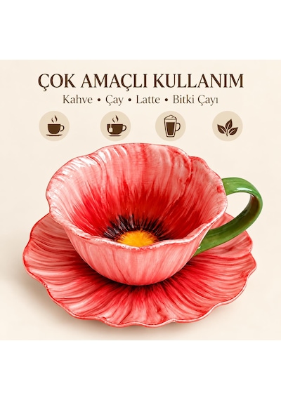 Valkyrie Gelincik Serisi Çiçek Tasarımlı Fincan Ve Tabak Seti 350 Ml Dekoratif Kahve Çay Fincanı Krm Kırmızı