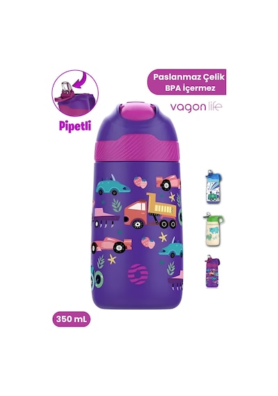 Vagonlife 2'li Set 350 Ml Çocuk Pipetli Çelik Matara Paslanmaz Çelik Termos 5 Farklı Renk 2055-350ml Yeşil-mor