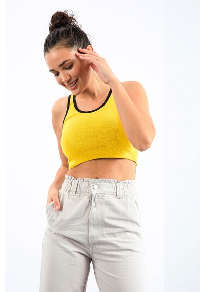 Tommy Life Sarı Basic Sıfır Kol Dar Kalıp U Yaka Kadın Crop Top Atlet - 97162 Sarı