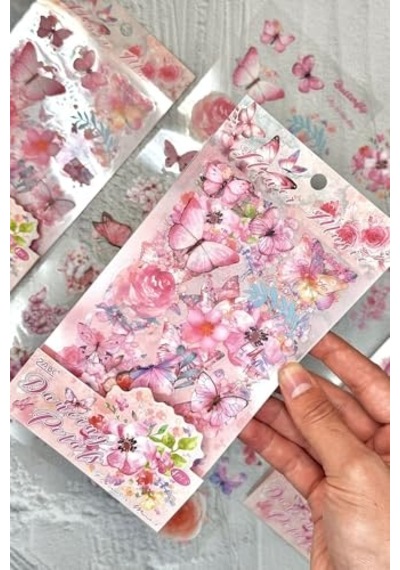 Kolbi Craft 4 Sayfa 60 Adet Şeffaf Pembe Kelebek Çiçek Sticker Bullet Journal Scrapbook Laptop Ajanda Planlayıcı Abanoz