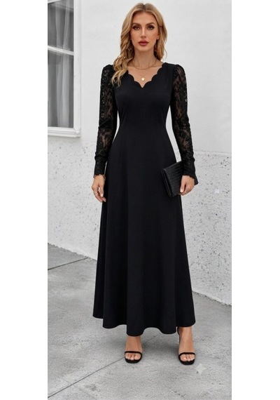 Suma Kadın Uzun Kollu Dalgalı V Yakalı Dantelli Uzun Janjan Krep Elbise SIYAH