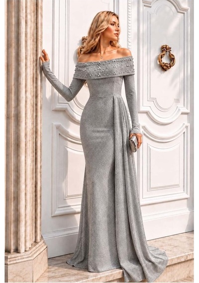 DefyModa Kadın Trend Degaje Yaka Dekolteli Maxi Uzun Kollu Abiye Elbise Gri