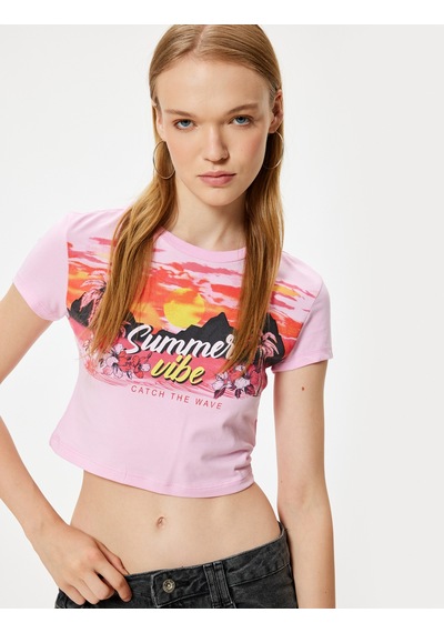 Koton Crop Tişört Kısa Kollu Slogan Baskılı Bisiklet Yaka Slim Fit Pembe 4sal11178ık Gül