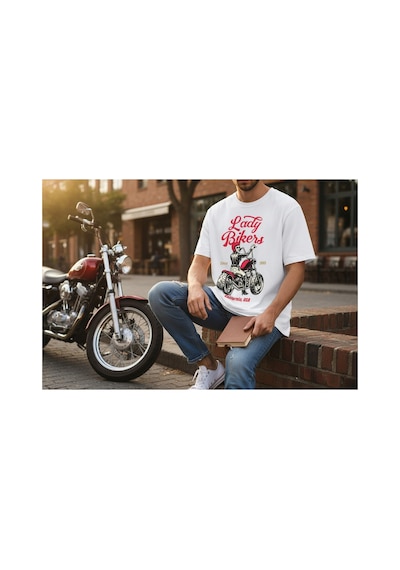 Urbantrendstore Unisex Motosiklet Baskılı Oversize Fit Rahat Geniş Salaş T-shirt Günlük Tişört Beyaz
