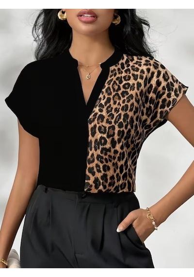 Efnaz Style Kadın Kısa Kollu V Hakim Yakalı Leopar Desenli Sandy Bluza siyah
