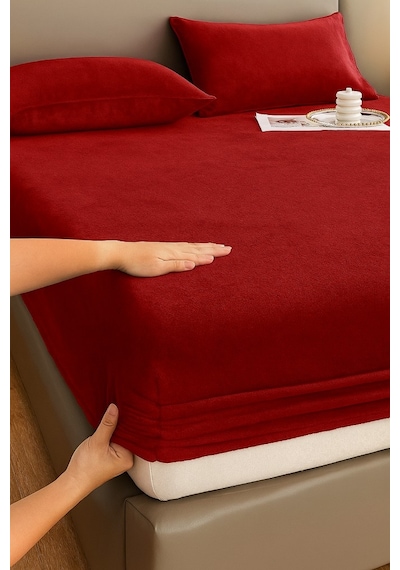 Kışlık Tek Kişilik Kadife Lastikli Çarşaf 100x200+30 Kırmızı