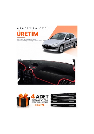 Peugeot 206 Küçük Ekranlı 1998-2009 Uyumlu Torpido Koruma Örtüsü Oto Kılıfı - Siyah Kırmızı