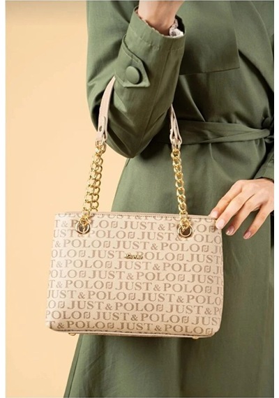 Just Polo Orijinal Kadın 3 Bölmeli Zincir Detaylı Ayarlanabilir Askılı Lüks El & Omuz Çantası Shoulder Bag Kum