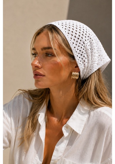 My Vintage Kadın File Örgü Bandana Yazlık Delikli Triko Saç Bandanası Plaj Uyumlu Ekru