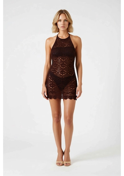 Benerly Kadın Halter Yaka Sırt Dekolteli Örme Mini Elbise Bodycon Kesim D Kahverengi