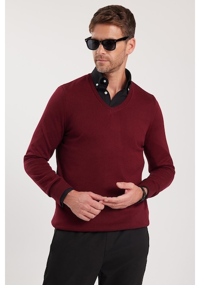 Tudors Erkek Standart Fit Normal Kesim V Yaka Pamuklu Bordo Triko Kazak-35132 Bordo