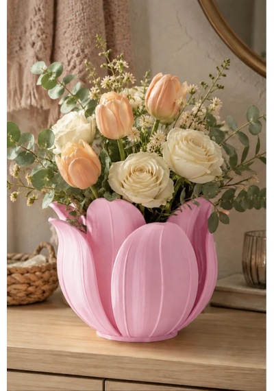 3d Baskı Lotus Yapraklı Vazo - Dekoratif Çiçeklik-pembe Çok Renkli