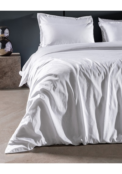 Madame Coco Thalie Family Size %100 Pamuk Çizgili - 300tc Saten Çarşaflı Nevresim Takımı - Beyaz 8684427207833 Çok Renkli