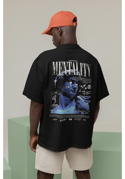 Mentality Baskılı Unisex Oversize Tasarım Tişört Siyah