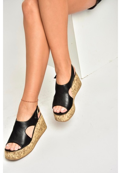 Fox Shoes U996755009 Siyah Dolgu Topuklu Kadın Ayakkabı Siyah-suni Deri