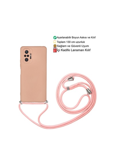 Xiaomi Redmi Note 10 Pro Telefon Kılıfı - Boyun Askılı Lansman İçi Kadife Yumuşak Silikon Pembe