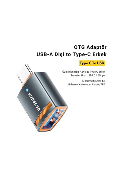 Essager Led Işıklı Type-c To Usb 3.0 Dönüştürücü Adaptör Mini Otg Usb3.0/5gbps Type-c Usb Çevirici Dönüştürücü