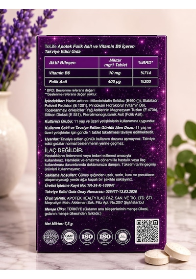 Tolife Folic Acid 400 Μg + Vitamin B6 İçeren Takviye Edici Gıda 30 Tablet
