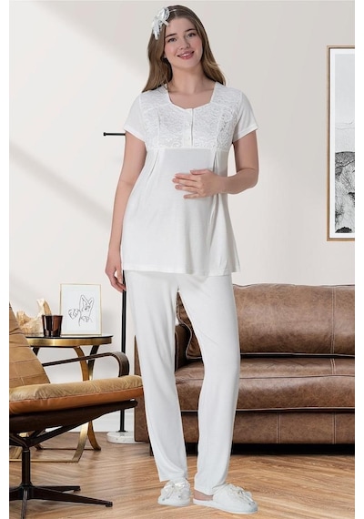 Mecit Pijama Mecit 6060 Bayan Ekru Sabahlık Gecelik Pijama Hamile Lohusa Set 001