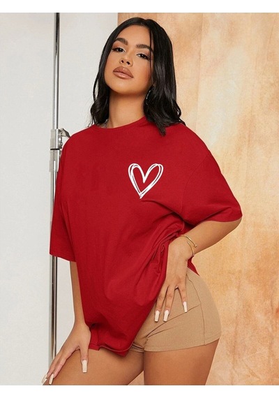 Flood Of Style Kadın Kırmızı Kalp Bisiklet Yaka Tshirt