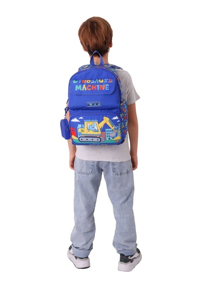 Kaukko Kids Erkek Çocuk Dinazor Ve İş Makinesi Baskılı Okul Çantası - Mavi - Sarı - Mechanic - L5369 Çok Renkli