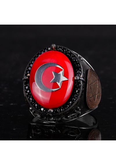 Yıldız Ve Hilal Desenli Yüzük - El Yapımı Yüzük - 925 Ayar Gümüş Erkek Yüzüğü Gümüş