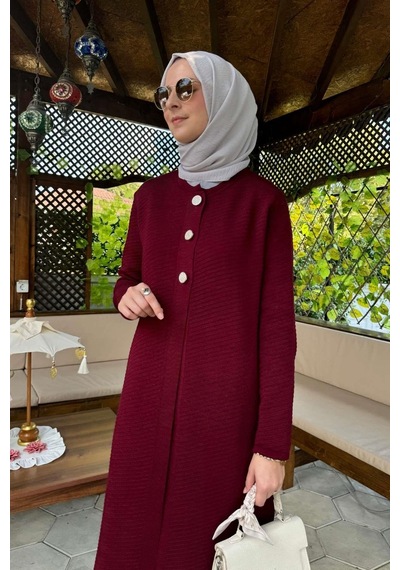 Rabia Şamlı Sinem Çelik Örme Triko Hırka Bordo Çok Renkli