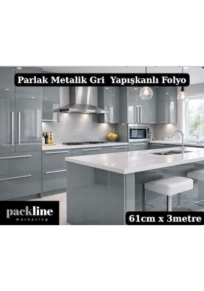 Parlak Metalik Gri Yapışkanlı Folyo Mutfak Buzdolabı Ve Mobilya Kaplama Folyosu 61cm X 3m