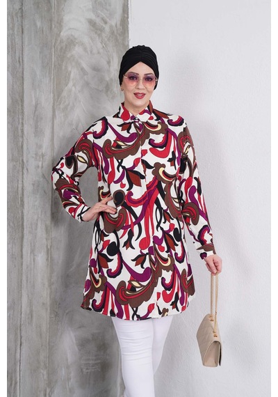 Polologin Butik Karışık Desenli Beyaz Gömlek Tunik Beyaz & Kırmızı & Kahverengi