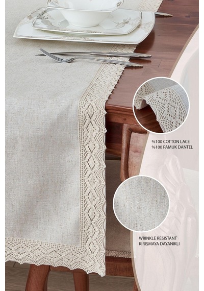 Evlen Home %100 Keten Pamuk Dantelli Runner 50x130 Cm Linen Kumaş Masa Örtüsü Sehpa Leke Tutmaz Mutfak Bej