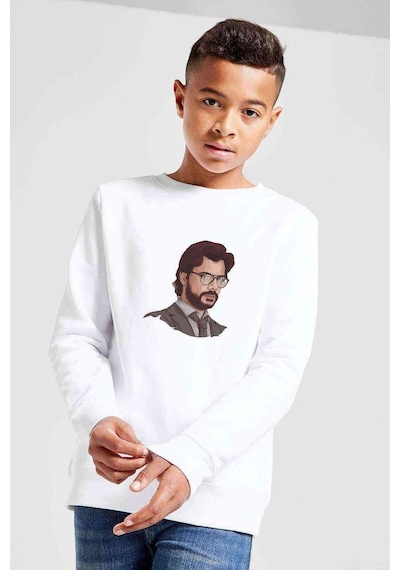 Tshirthane La Case De Papel Profesör Baskılı Unisex Çocuk Beyaz Sweatshirt Beyaz