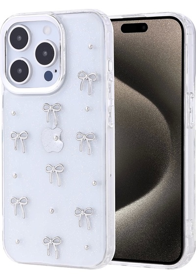 Apple Uyumlu iPhone 15 Pro Telefon Kılıfı Şeffaf Simli Tasarım Kapak Fiyonk, Kiraz, Yıldız, Lale Desenli