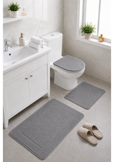 Gri 3'lü Banyo Halısı Paspası Seti Kaymaz Tabanlı Yıkanabilir Klozet Takımı Venisa