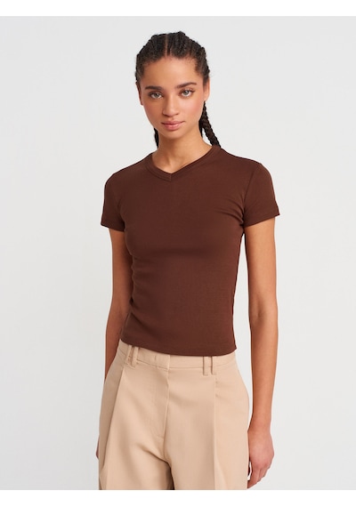 Dilvin 31673 V Yaka T-shirt-açık Kahve Açık Kahve