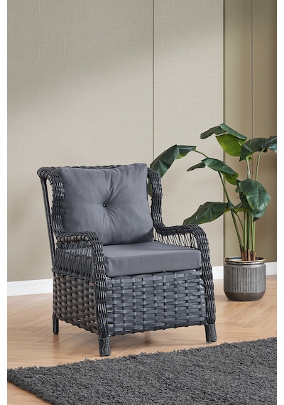 Paris Rattan Puflu Bahçe Balkon Takımı 3+1+1 Cam Masalı Antrasit