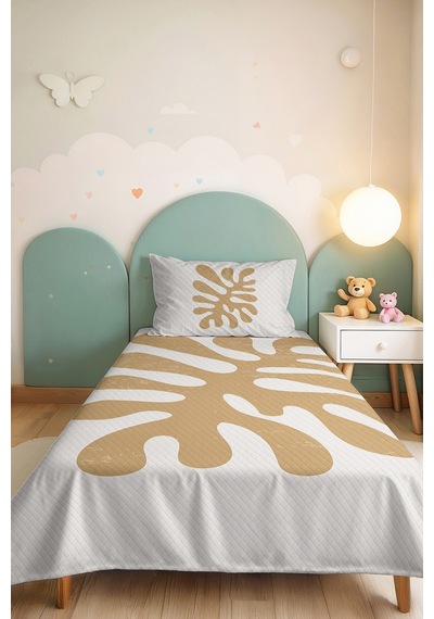 Bej Yaprak Minimal Genç Odası Tek Kişilik Pike Takımı - Bohem 160x220 Cm Kapitone Yatak Örtüsü Gizli Sükunet Sükuneti
