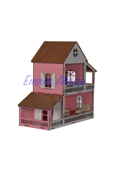 2 Katlı Pembe Ahşap Eşyalı Çocuk Oyun Evi Seti